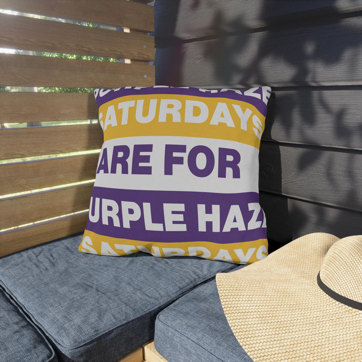 Saturdays Are For Purple Haze Outdoor Pillow | Bold Stripe Text Patio Cushion