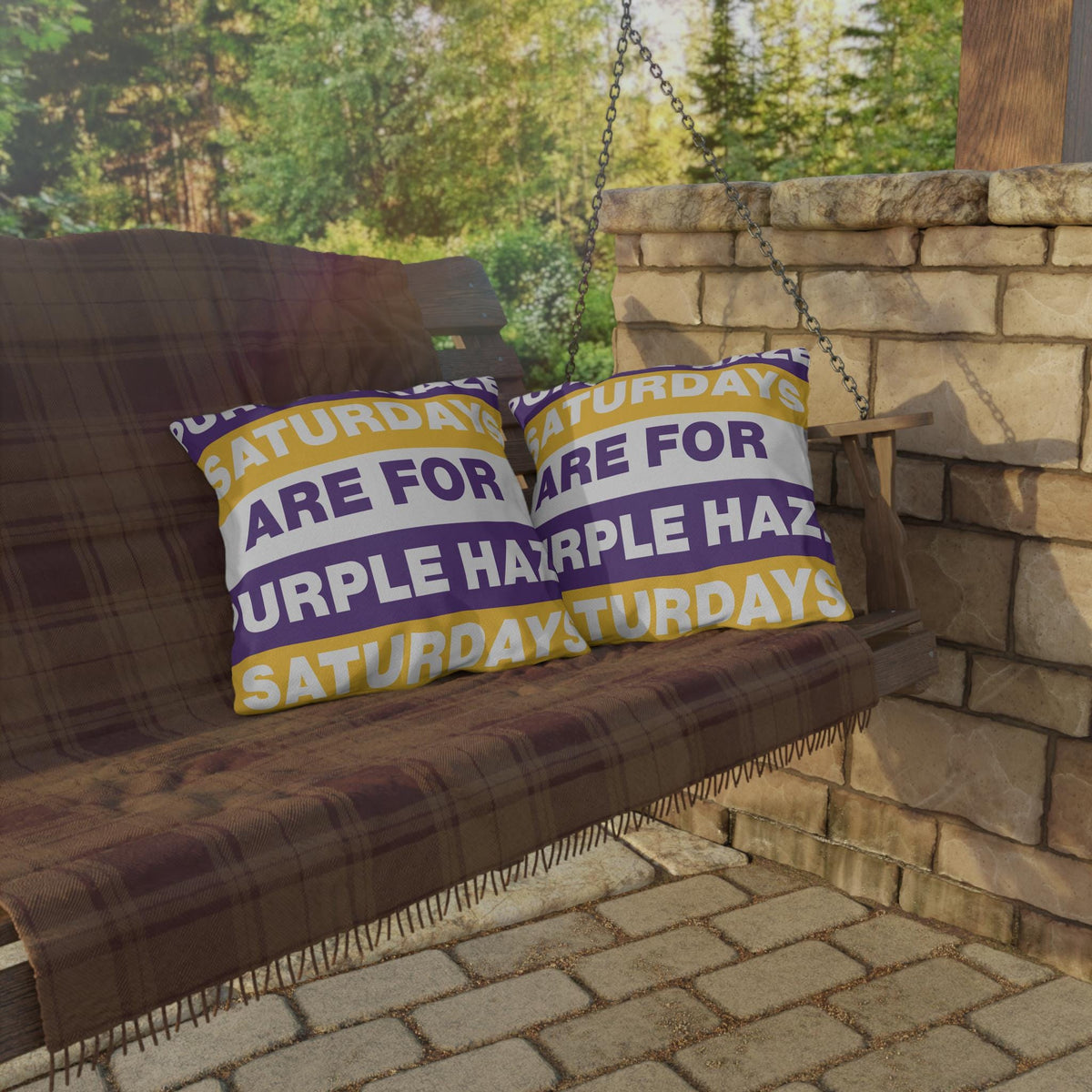Saturdays Are For Purple Haze Outdoor Pillow | Bold Stripe Text Patio Cushion