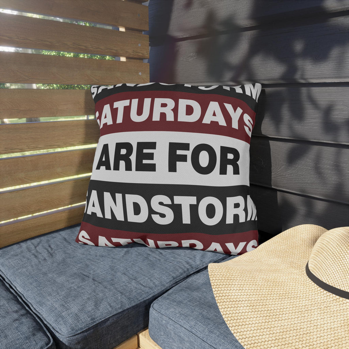 Saturdays Are For Sandstorm Outdoor Pillow | Striped Text Accent