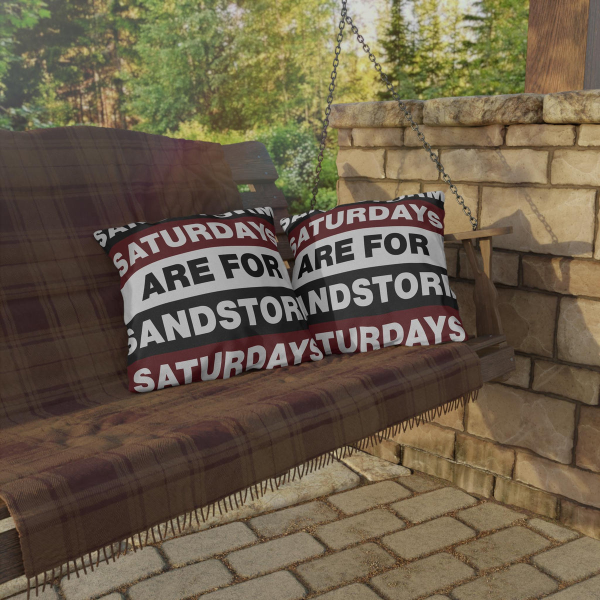 Saturdays Are For Sandstorm Outdoor Pillow | Striped Text Accent