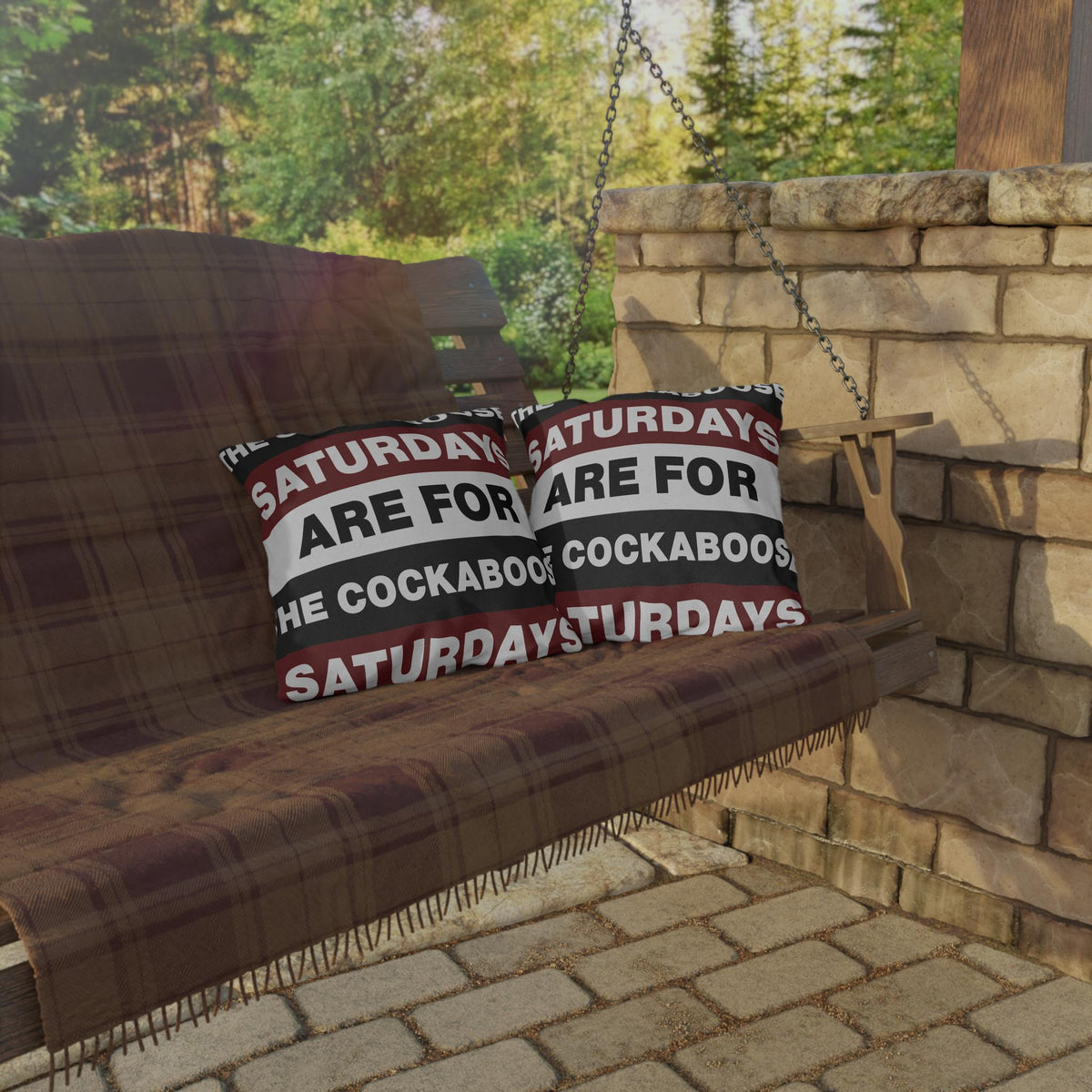 Saturdays Are For The Cockabooses Outdoor Pillow | Striped Text Design