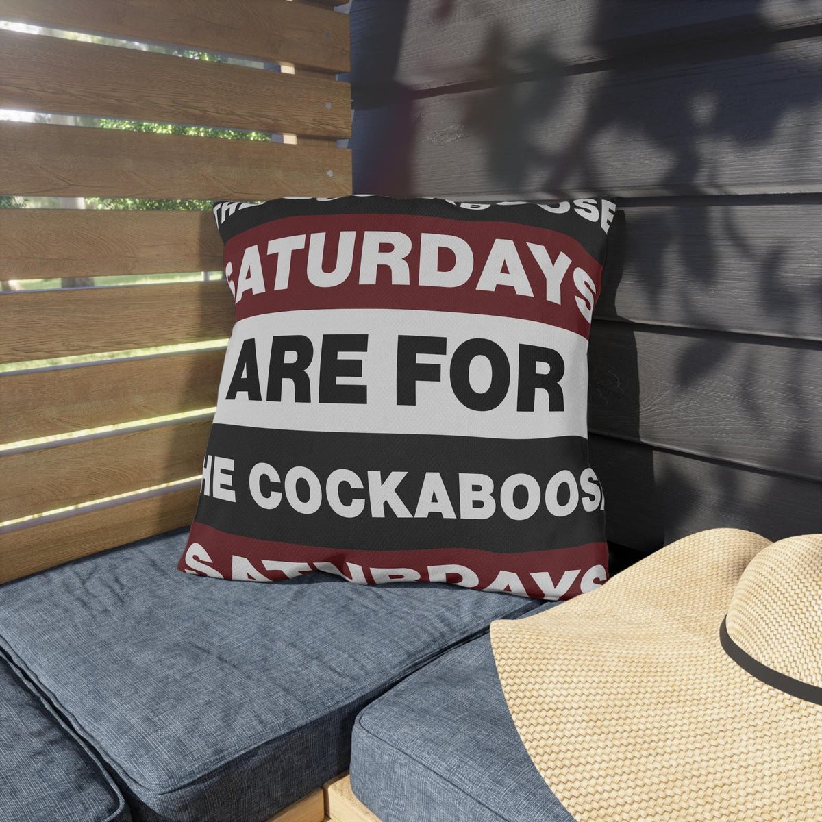 Saturdays Are For The Cockabooses Outdoor Pillow | Striped Text Design
