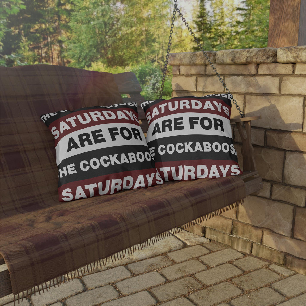 Saturdays Are For The Cockabooses Outdoor Pillow | Striped Text Design