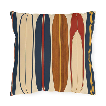 Retro Surfboard Pattern Outdoor Pillow | Coastal Beach Throw Cushion