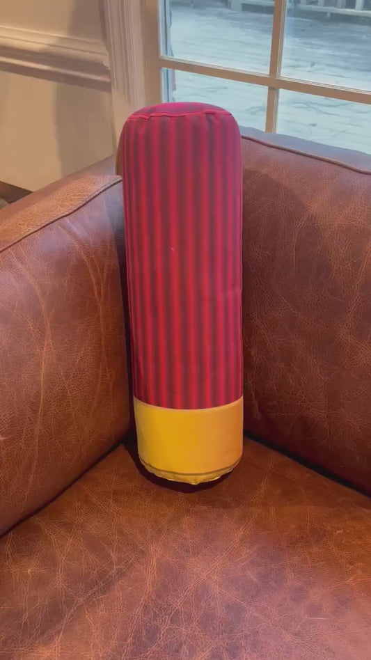 Red Shotgun shell pillow. Shaped like a real shotgun shell.  Great gift for any hunter